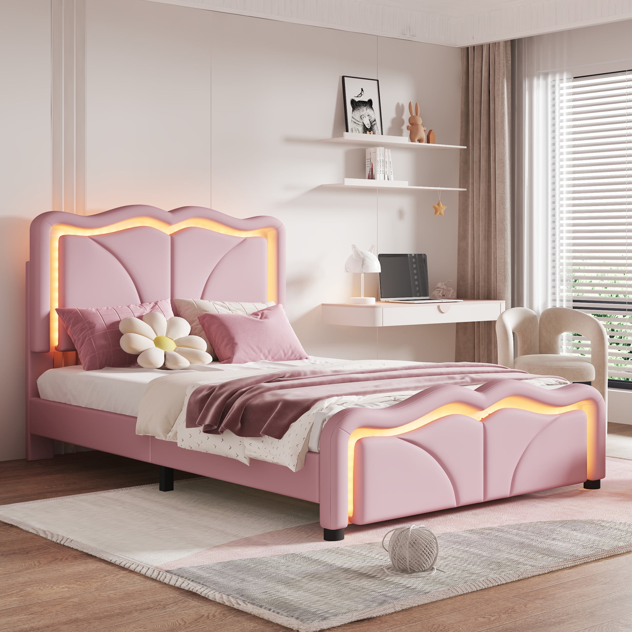 Noble House Sheila Twin Upholstered Platform Bed, Curve Shaped Height-Adjustable LED Headboard, PU Leather, Pink