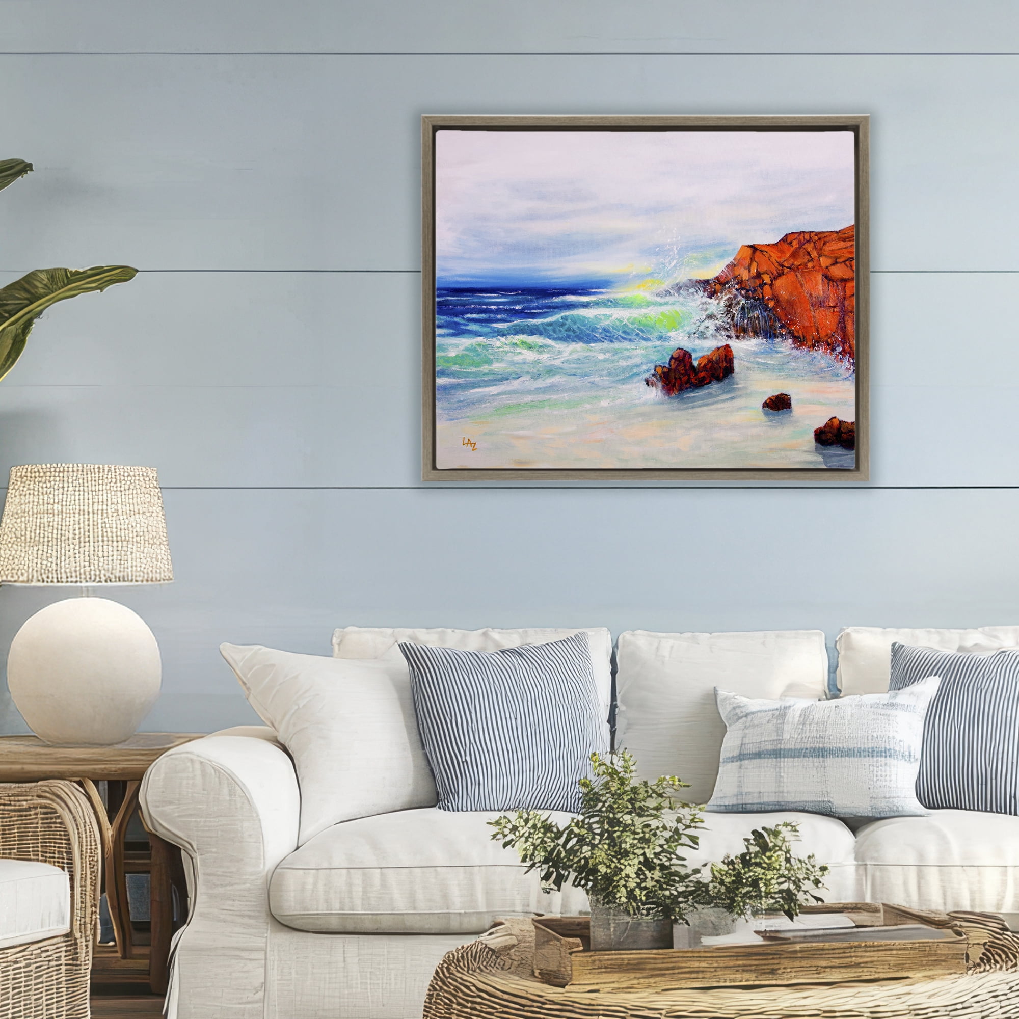 Stupell Industries Deep Blue Rocky Beach Brown Framed Floater Canvas Wall Art, design by Lee Ann Zirbes