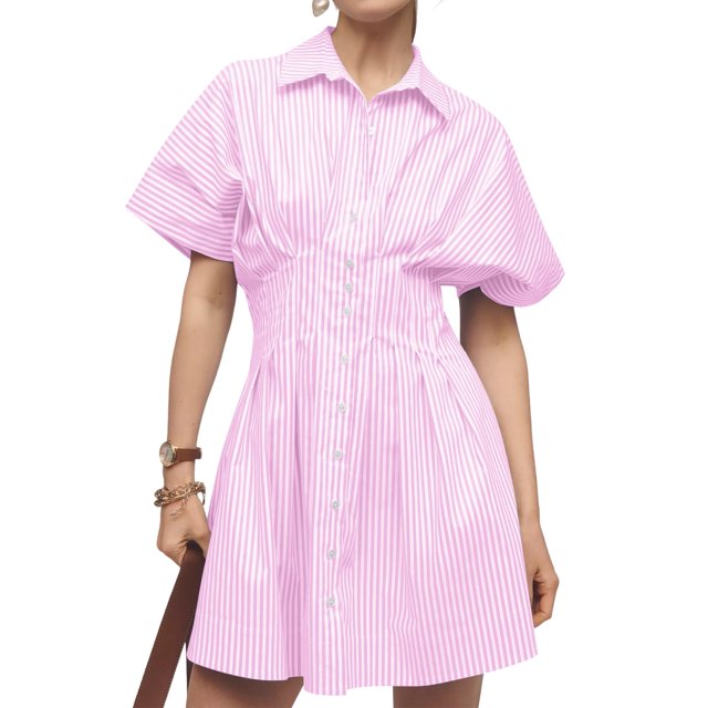 Vestido camisero Dsewpaur para mujer, con botones en la parte delantera, plisado a rayas
