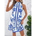 thumbnail image 6 of Blue And White Womens Halter Neck Sleeveless A-Line Mini Dress, Elegant Floral Print, Summer Vacation Style, 6 of 8