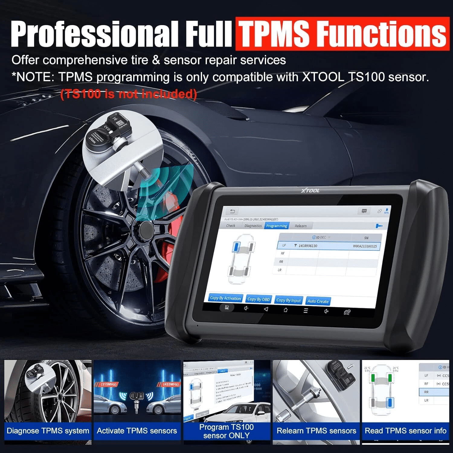 XTOOL IP819TP + 2PCS TS100 Sensors OBD2 Scanner Bluetooth TPMS Diagnostic Tool Full System Bidirectional Scan Tool, Activate/Relearn All Sensors, 39+ Services