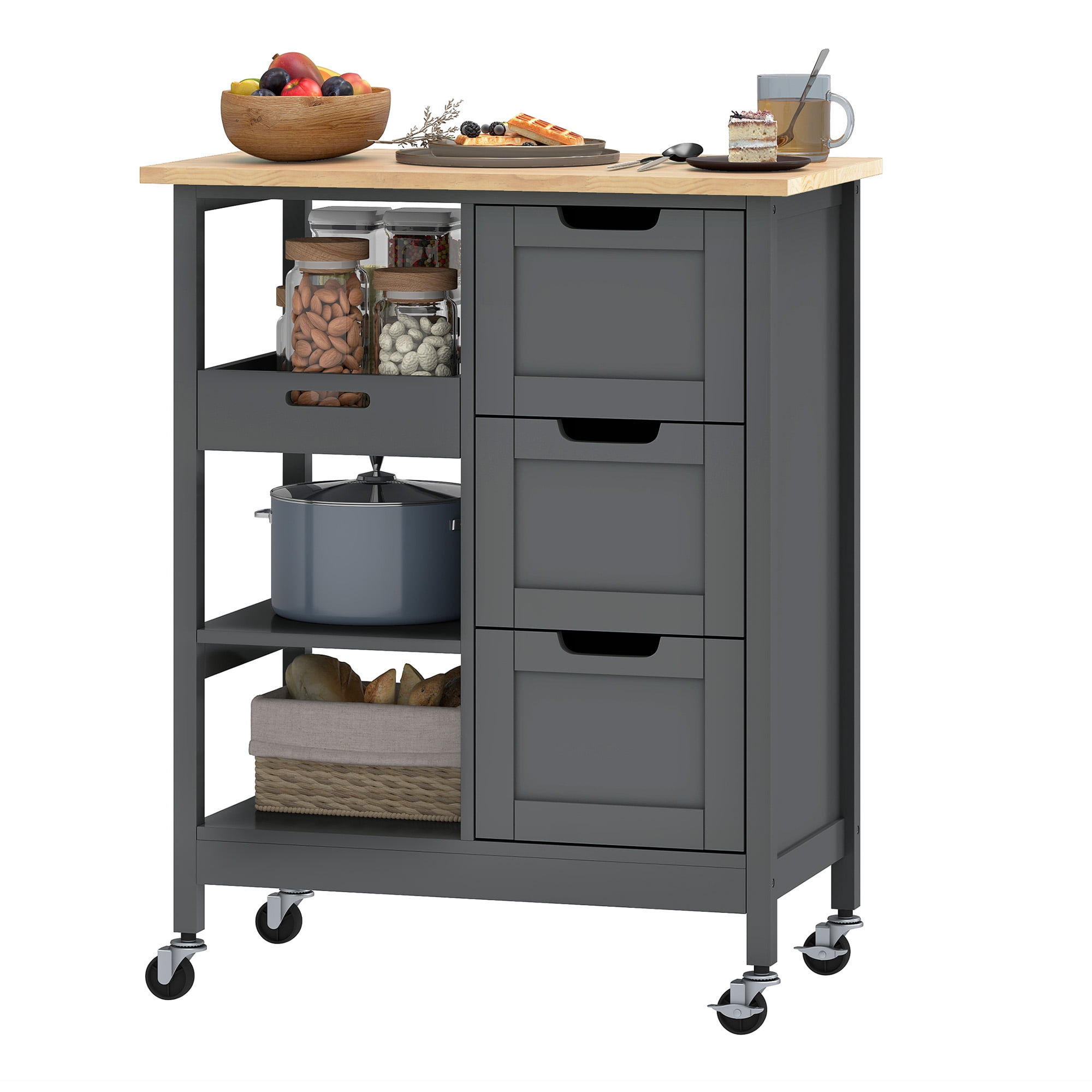 Uforic Kitchen Storage Cart with Drawers & Open Shelves, Rolling Kitchen Island, Gray