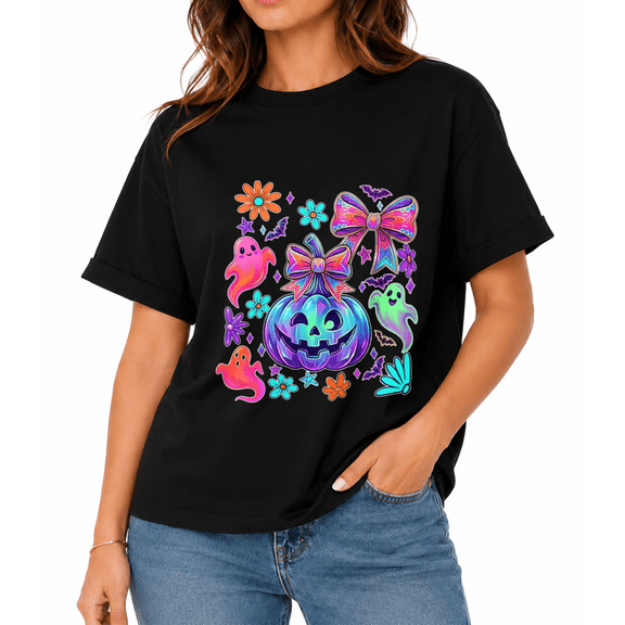 Women's Pumpkin Ghost Floral Graphic T-Shirt, Cute Halloween Fall Casual Short Sleeve Tee
