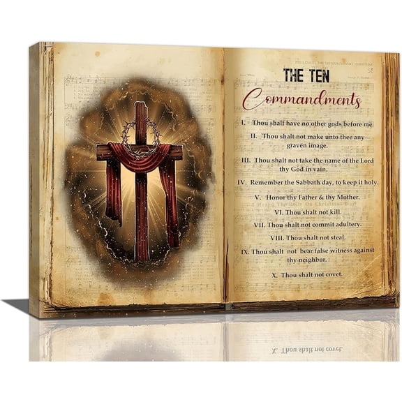 The Ten Commandments Cross Decor Wall Art 10 Commandments Bible Verse Christian Religion Scripture Pictures Wall Decor Canvas Painting Prints Artwork Framed for Church Bedroom Bathroom Kitchen 16"x12"