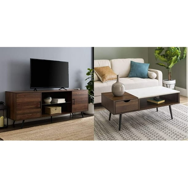 THTH Saxon Mid Century Modern 2 Door Glass Shelf TV Stand for TVs up