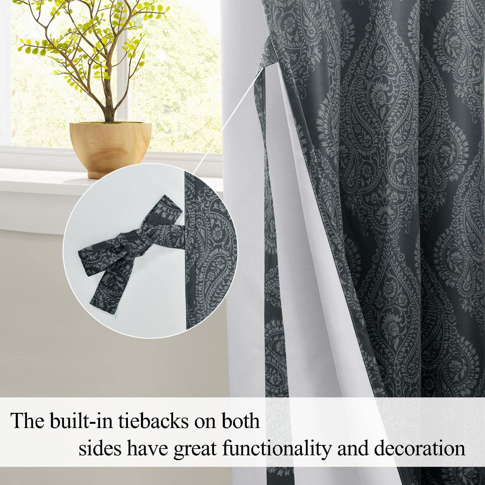DWCN Ombre Blackout Curtains–Damask Patterned Thermal Insulated Noise Reducing Grommet Curtains for Bedroom Living Room, 52 x 63 Inches, Set of 2 Panels with Tiebacks, Black
