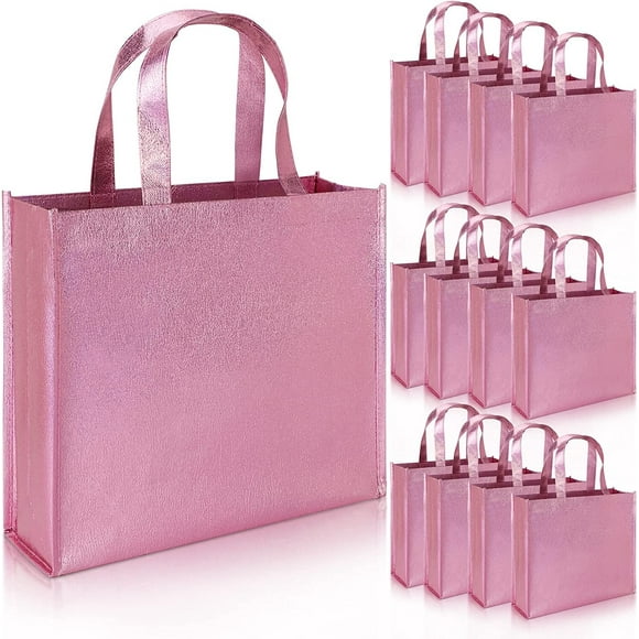 PHOGARY 12 Pack Large Gift Bags with Handles, Stylish Party Bags for Birthday Bachelorette Wedding Party Favor Bridal Shower Wrap, Reusable Goodie Bags, Non-woven Fabric, Pink