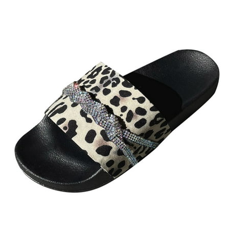 

ZMHEGW Women Slippers Fashion Spring Summer Leopard Print Ladies Slippers Flat Bottom Large Size Rhinestones Beach Shoes For Womens