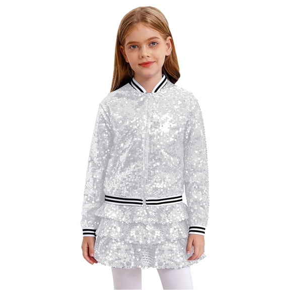 vastwit Kids Girls Hip Hop Jazz Latin Dance Outfit Sequin Sparkle Jacket with Tiered Mini Skirt Set Dancewear Silver 10