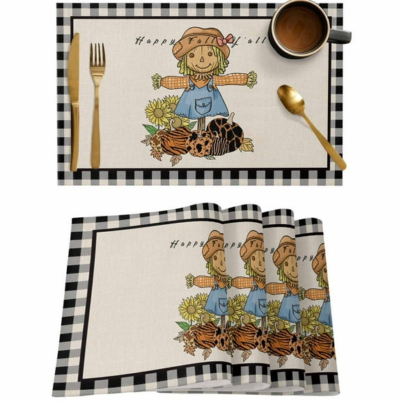 Thanksgiving Scarecrow Fall Pumpkin Sunflower Placemats Set of 4,Wipeable Washable Table Mats for Dining Tables,Black Checker Retro Linen Place Mats for Kitchen Event Party Tabletop Decor