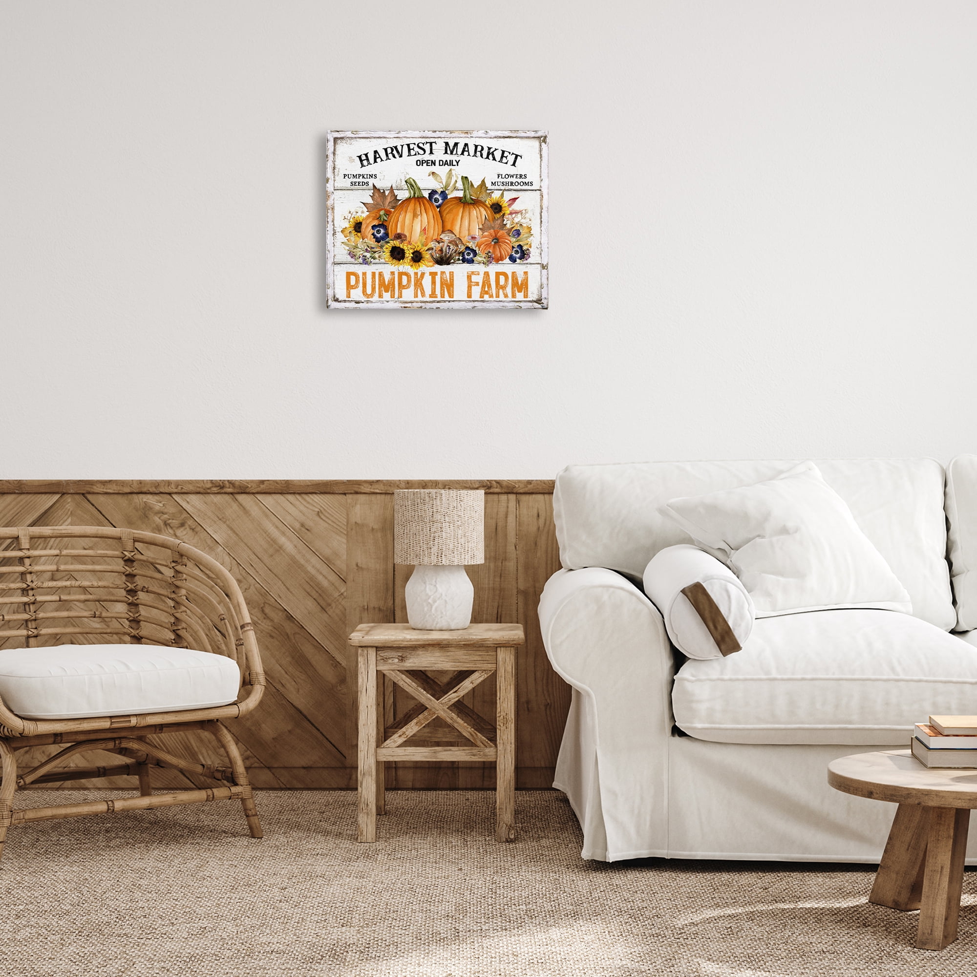 Stupell Industries Pumpkin Farm with Sunflowers Holiday Painting Gallery Wrapped Canvas Art Prints Wall Art, 20 x 16