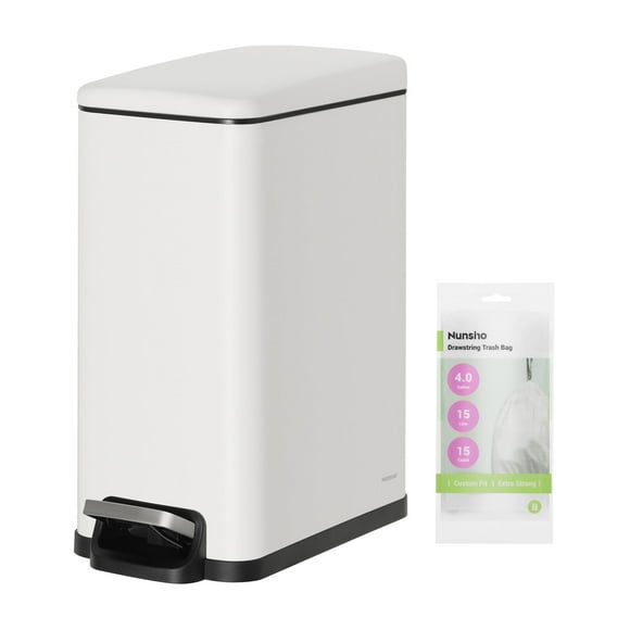 Bote de basura Nunsino pequeño de acero inoxidable de 10 litros con 15 bolsas, color blanco