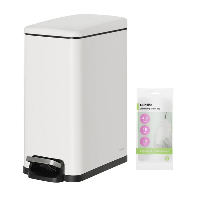 Bote de basura Nunsino pequeño de acero inoxidable de 10 litros con 15 bolsas, color blanco