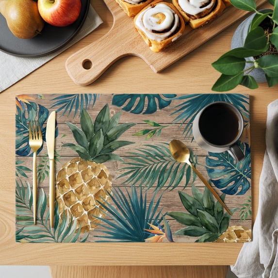 Summer Pineapple Placemats Set of 8 Brown Wood Tropical Palm Monstera Leaves Place Mats Indoor Wipeable Table Mats Washable Cloth Dining Table Placemats for Kitchen Holiday Party Decor 13x19 Inch