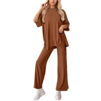 Fiaer,Womens 3/4 Sleeve Plus Size Solid Lounge Wear Sets,2 Piece Sets for Wide Leg High Waisted Pants and Crew Neck T Shirts,Women's Loose Fit Casual Trendy Lightweight Outfits Set Brown S