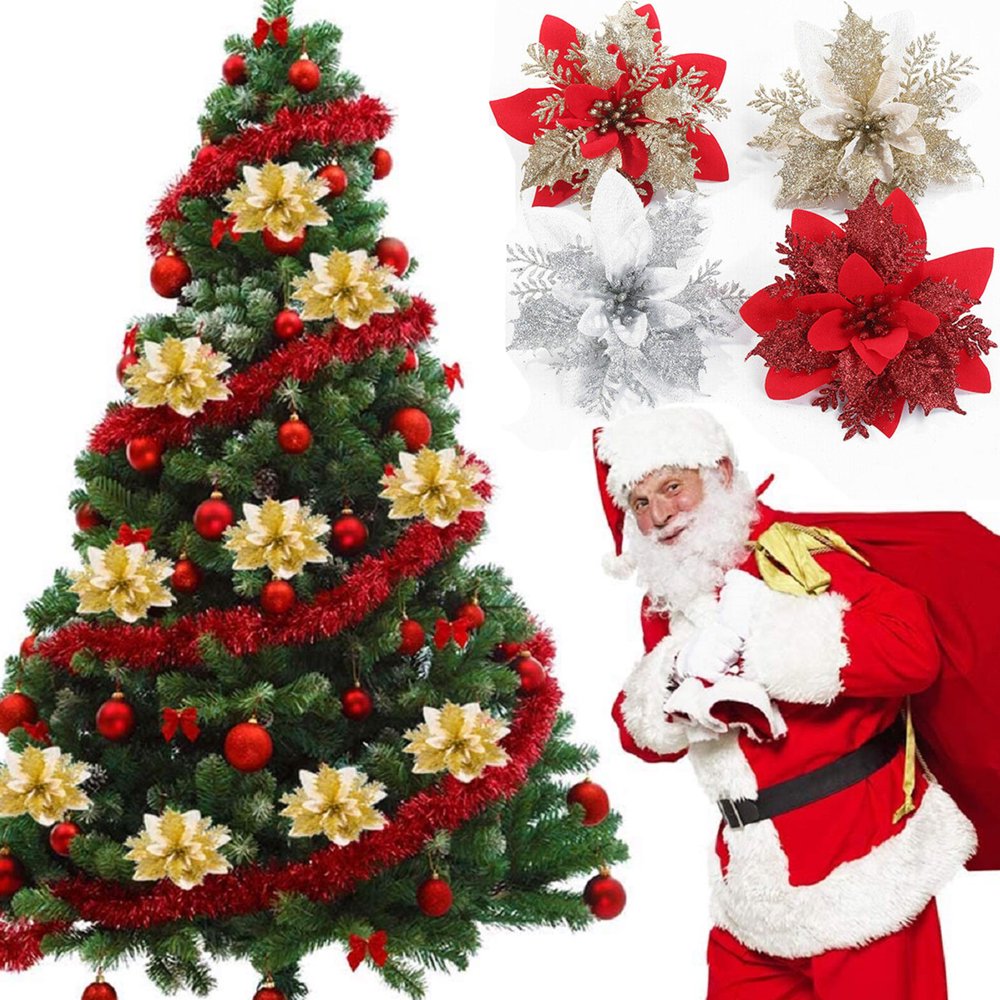 5/10 Pcs Golden Silver Red Poinsettia 5.5‘’ Artificial Christmas