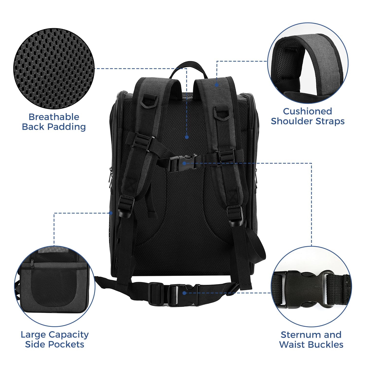 Dog & Cat Carrier Backpack for 4-18lb Pets - Ventilated Safe Design with Padded Back Support, Breathable Mesh Pet Backpack for Hiking, Travel, Outdoor (Black)