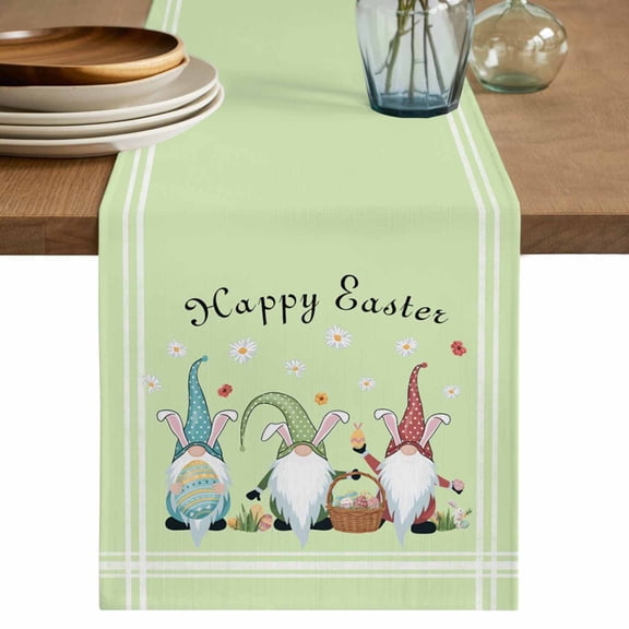 Table Runner 60 Inches Long for Kitchen Dining, Happy Easter Dresser Scarf Farmhouse, Dining Table Decorations for Wedding/Parties, Cute Gnomes Eggs Spring Daisy Flowers Green 13 x 60 In
