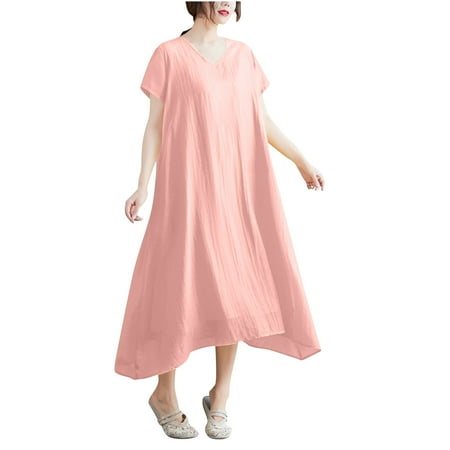SAFUNY Women s Crewneck Maxi Dress Short Sleeve Pullover Lightweight Flowy Vacation Wedding Guest Dress Pink M