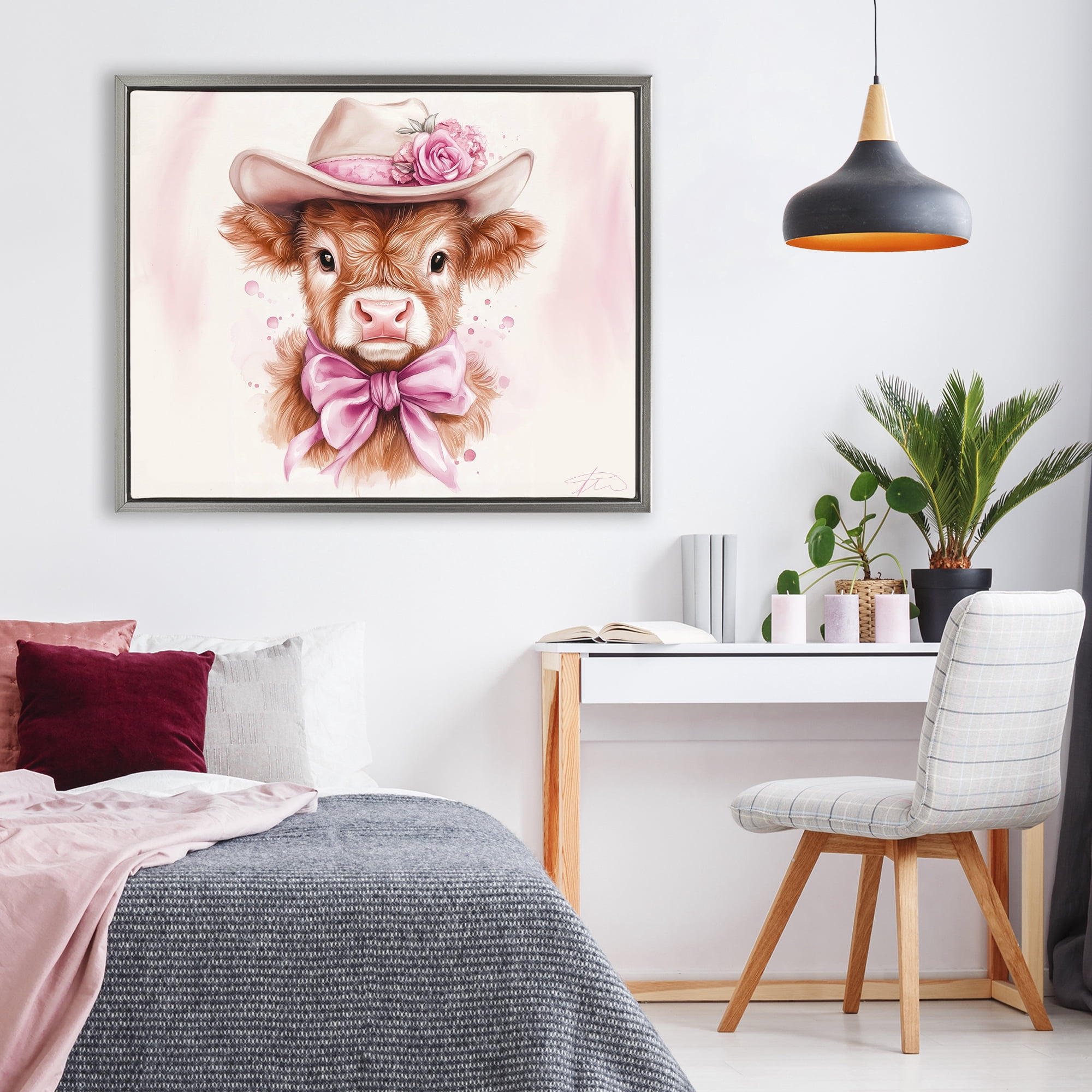 Pretty In Pink Cow Gray Framed Floater Canvas Wall Art, design by Shawna Stewart
