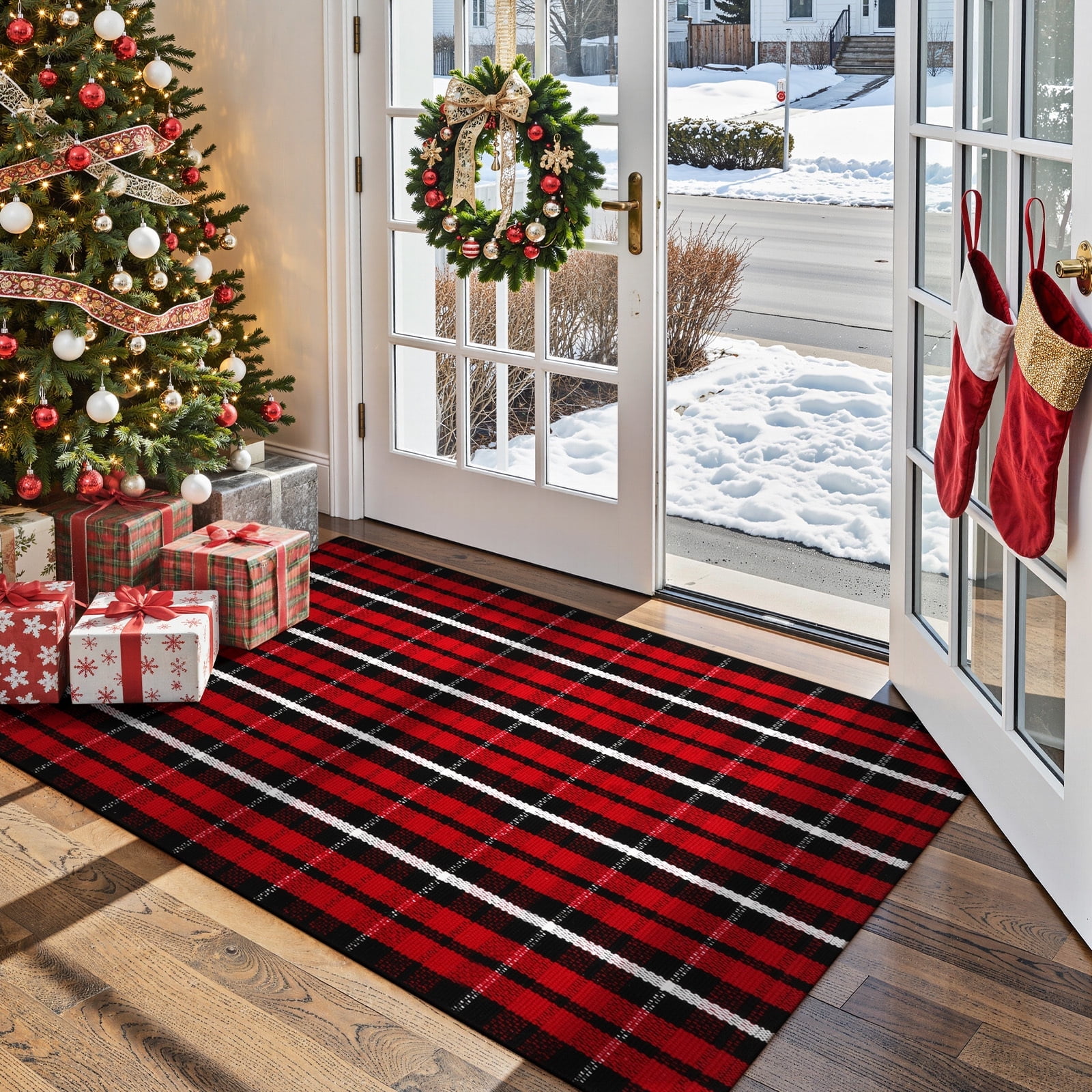 RUG ROBOT Buffalo Plaid Area Rug 27.5"x43", Washable Christmas Door Mat Indoor Outdoor Entrance Rug, Checkered Layering Rug for Kitchen Home Decor, Reversible Front Porch Rug, Red and Black/White