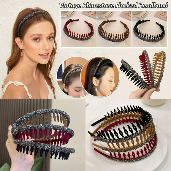 Kokovifyves Vintage Flocked Rhinestone Headband,Hair Band Women'S Rhinestone Flocking Hair Accessories