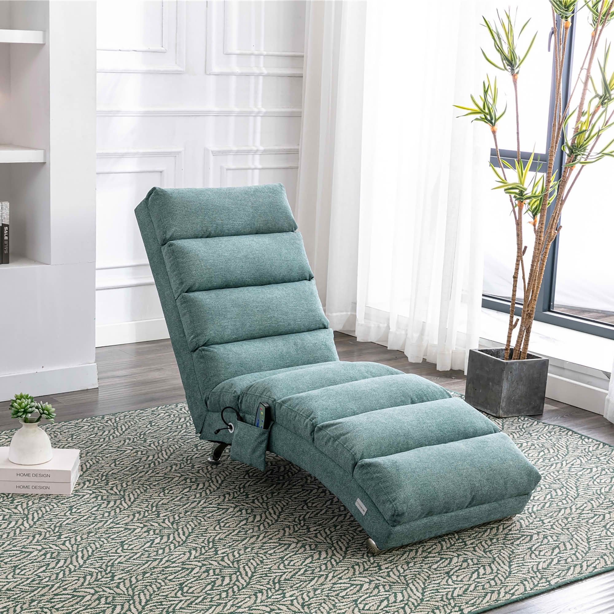 MAYEERTY Vibrating Upholstered Chaise Lounge Chair  Ergonomic Fixed Back Fabric Recliner Sofa with Side Pocket Remote Control for Living Room Bedroom