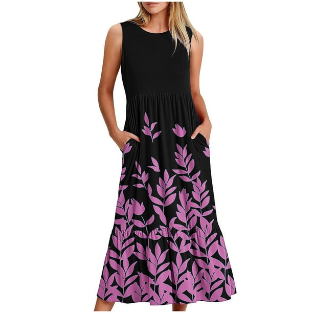 Vestido sin Mangas para Mujeres Vestido de Verano de Cuello Redondo Impreso, Poliéster de Tamaño Verdadero Diario Y Vestido de Fiesta