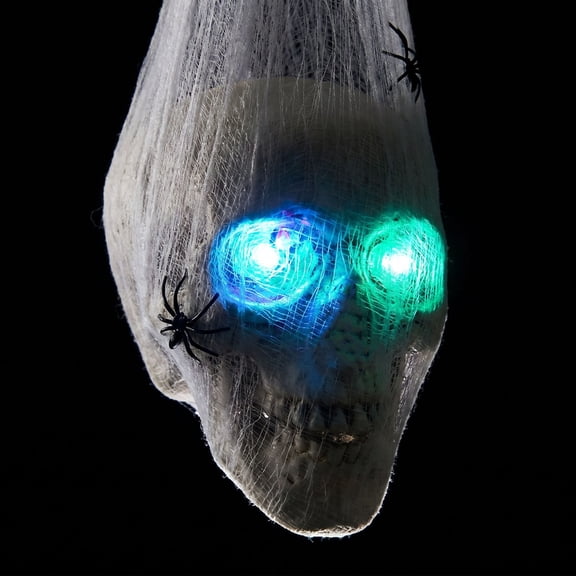 Glowing Gauze Wrapped Skull Hanging Ornament Colorful LED Light Eyes Skeleton Decor 25.6inch Halloween Prop for Door Window Tree Porch Decoration
