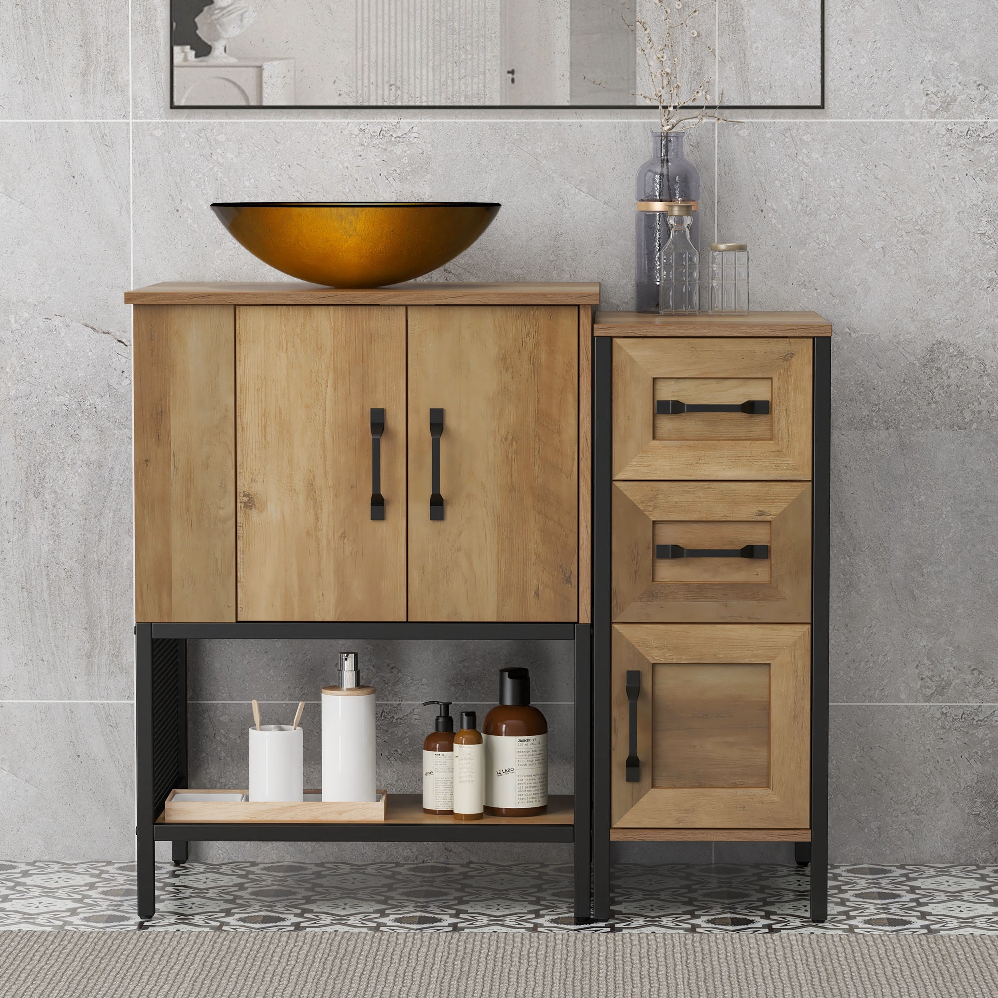 Uforic 35.4 Inch Bathroom Vanity with Countertop Sink, Rustic Free Standing Bathroom Storage Cabinet with Drain, Rustic OAK