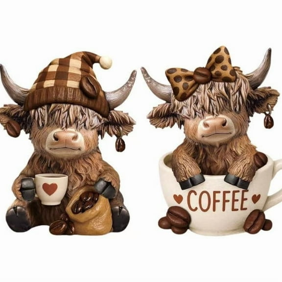 Cute Cow Statue Resin Figurine, Scottish Highland Calf Ornament For Coffee Lovers, Farmhouse Home Decor, Perfect Christmas Gift For Animal Lovers And Collectors