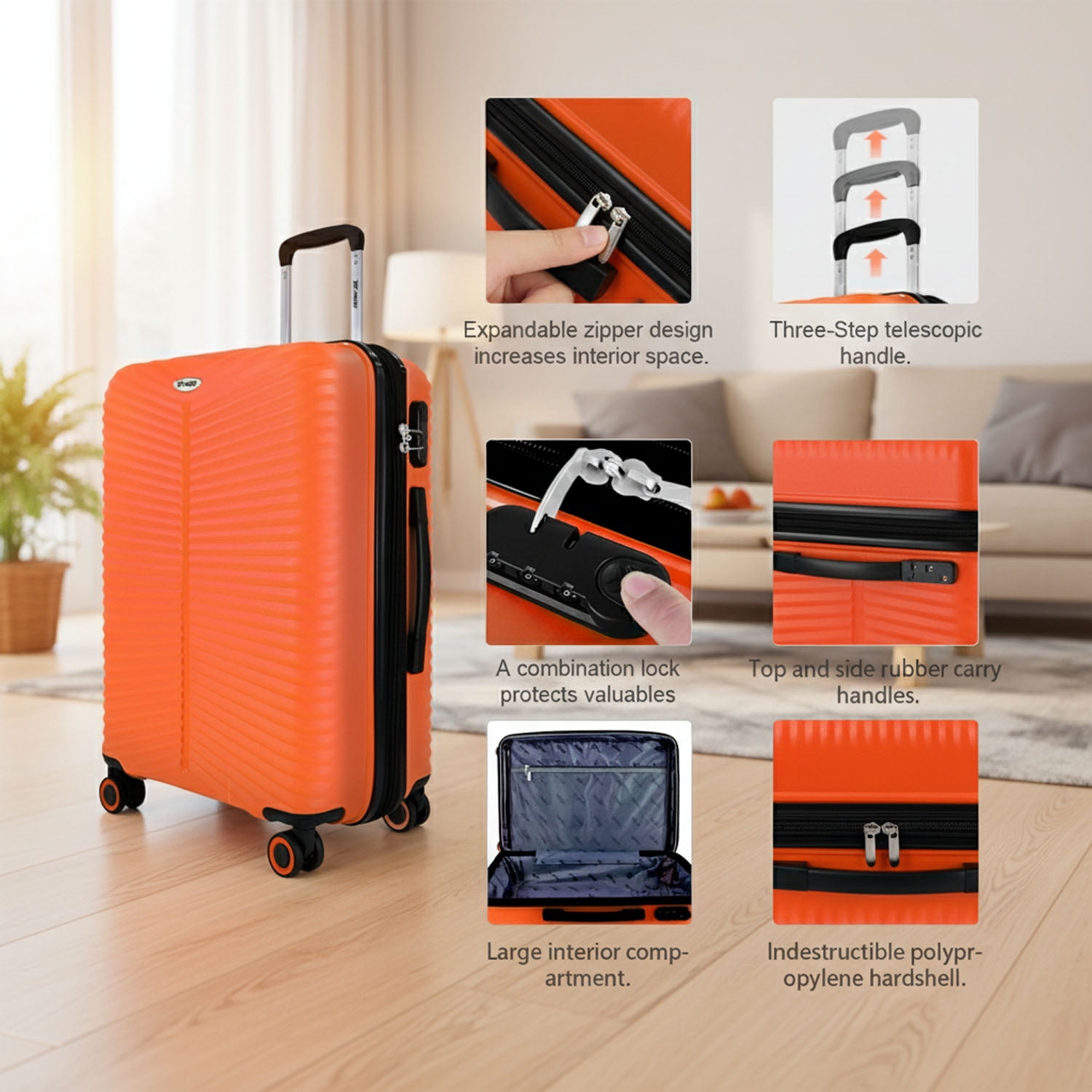 3 Piece Hardside Luggage Set Expandable Suitcase with Spinner Wheels,Lightweight Hardshell Suitcase Set 20in24in28in, Orange, SQ249