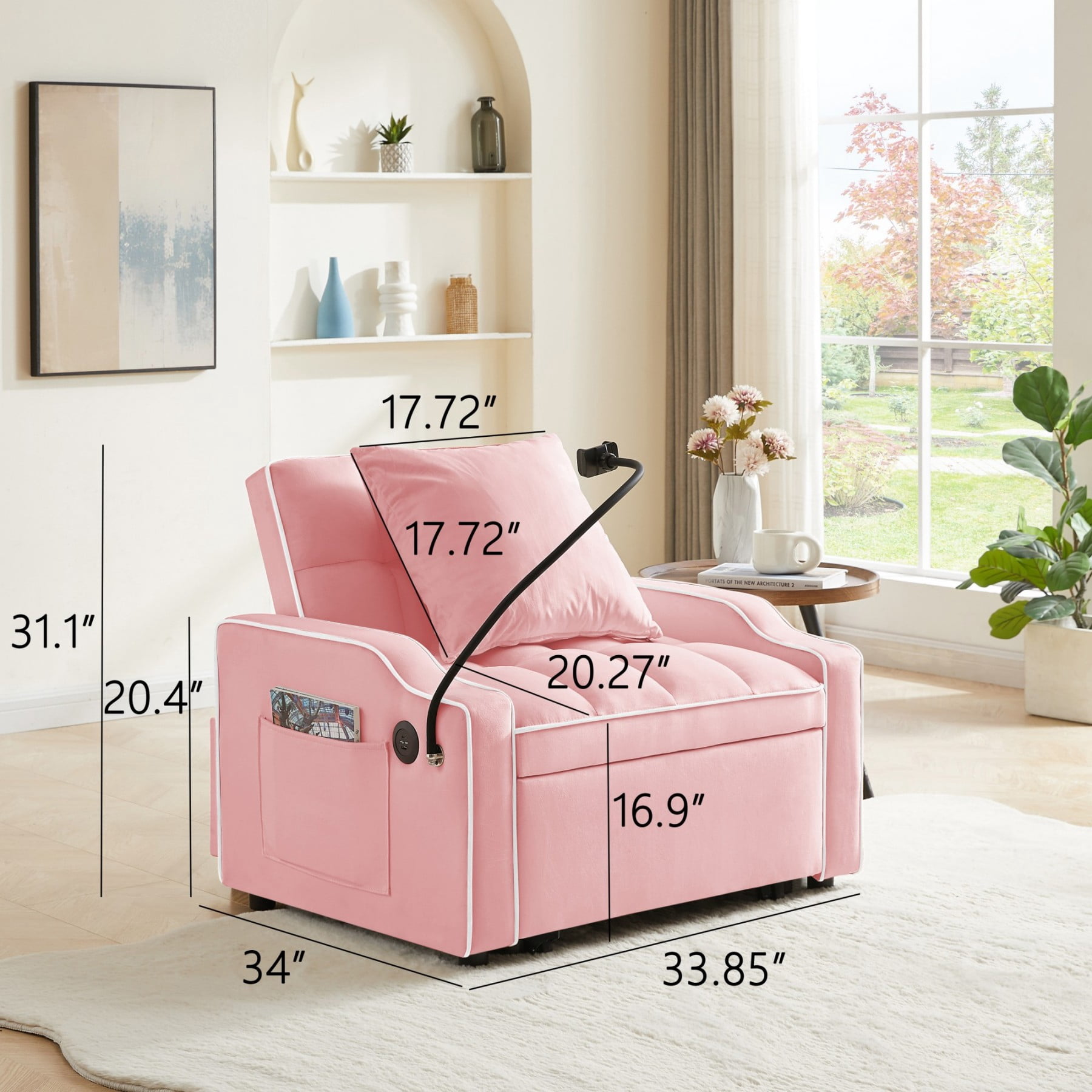 3-in-1 Sleeper Sofa Chair Bed with USB & Type-C, Adjustable Velvet Recliner Couch for Small Spaces, Pink