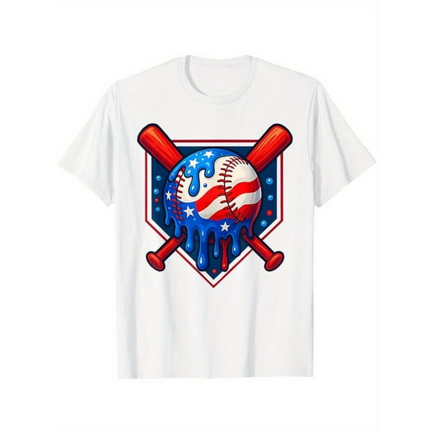 Baseball Drip Boy Ice Cream Patriotic American Flag 4th July T-Shirt for Boys Fashion Trend Bottoming Shirt Breathable, Casual Comfortable Top Streetwear Fashion Casual Summer Tee