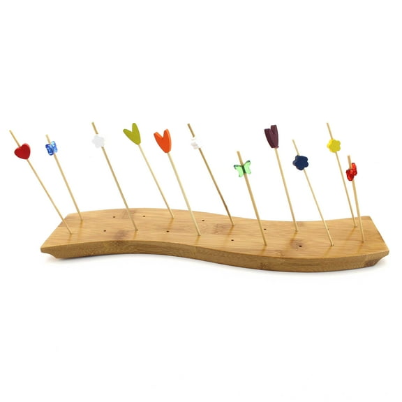 BambooMN 12" x 3" Bamboo Skewer Holder Food Display S-Wave Bamboo Skewers Stand w/ 20 Holes, Natural Color - 10 Skewer Holders