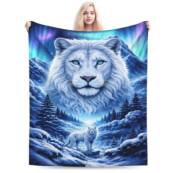 White Lion Throw Blanket, Fantasy Aurora Wildlife Art Design, Soft Warm Fleece Blanket for Sofa, Bed, Living Room Home Decor 50x40
