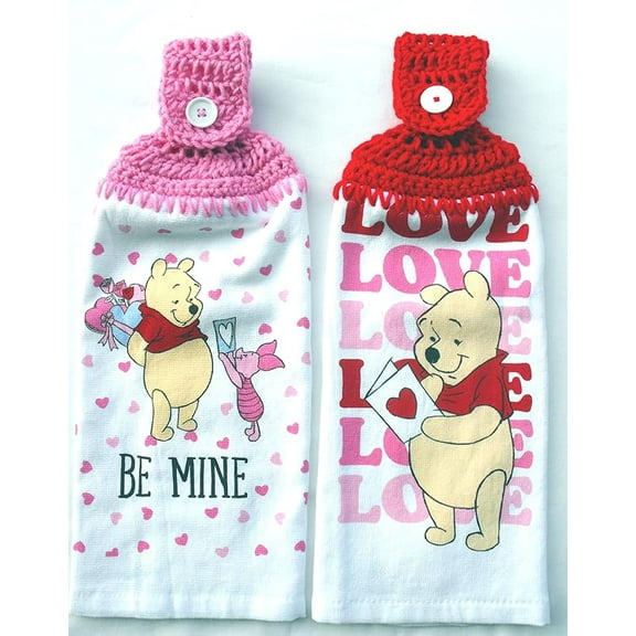 BE MINE & LOVE LOVE LOVE - TEDDY BEAR AND PIG - 2 HANDMADE CROCHET TOP KITCHEN TOWELS