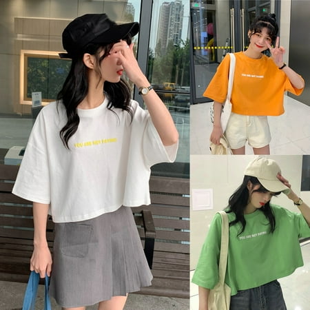 

Taluosi Stylish Letters Printed O-Neck Half Sleeve Women Casual Loose Summer T-Shirt Top