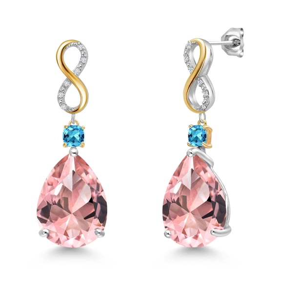 Gem Stone King 925 Silver and 10K Yellow Gold Peach Nano Morganite and Swiss Blue Topaz and White Lab Grown Diamond Earrings for Women | 28.72 Cttw | Gemstone October Birthstone | Pear Shape 18X13MM