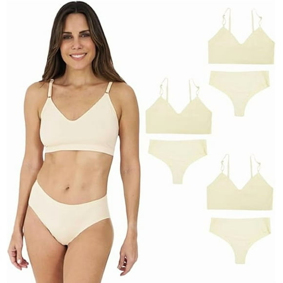 D'SSENTIALS Conjunto de Lencería para Dama | Top y Calzón para Dama Sin Costuras | Conjunto de Lencería Top en V y Calzón Corte Bikini Paquete de 6 Piezas (Nude, Mediano)