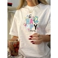 thumbnail image 1 of Vintage-Inspired Crew Neck Polyester T-Shirt with Geometric Butterfly Print for Women - Knit Fabric, Regular Fit, Short Sleeve, Summer Top, 1 of 6