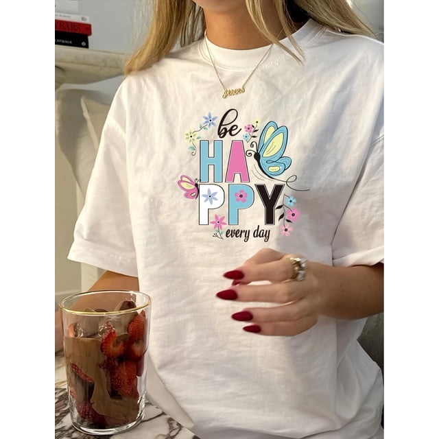 Vintage-Inspired Crew Neck Polyester T-Shirt with Geometric Butterfly Print for Women - Knit Fabric, Regular Fit, Short Sleeve, Summer Top
