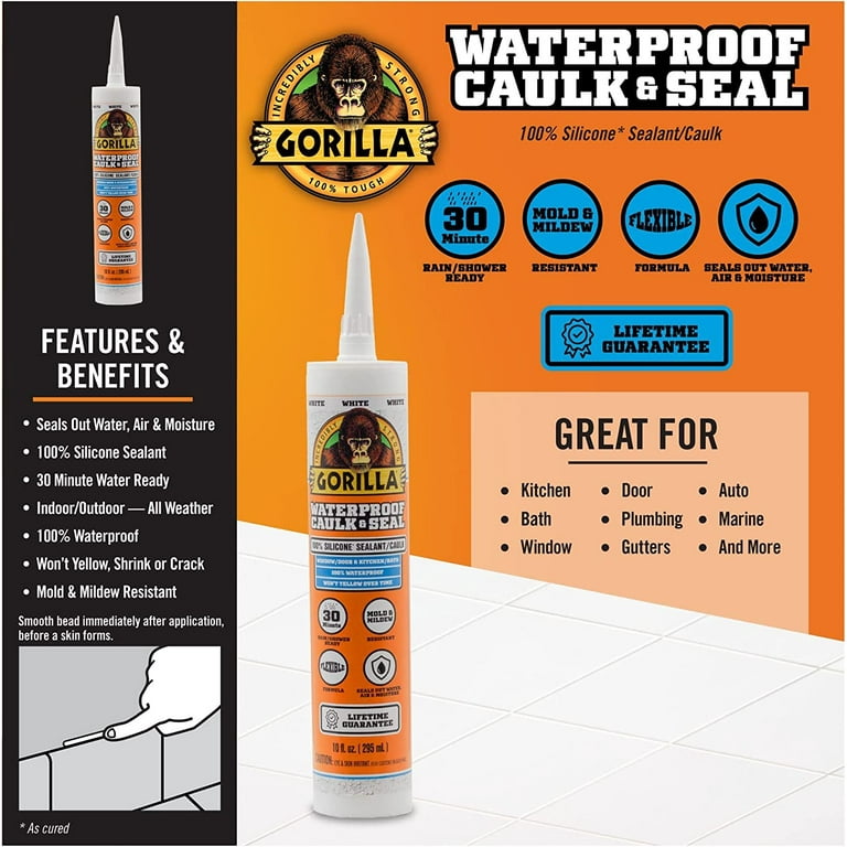 Gorilla Waterproof Caulk Seal 100 Silicone Sealant 10oz Cartridge White Pack of 12