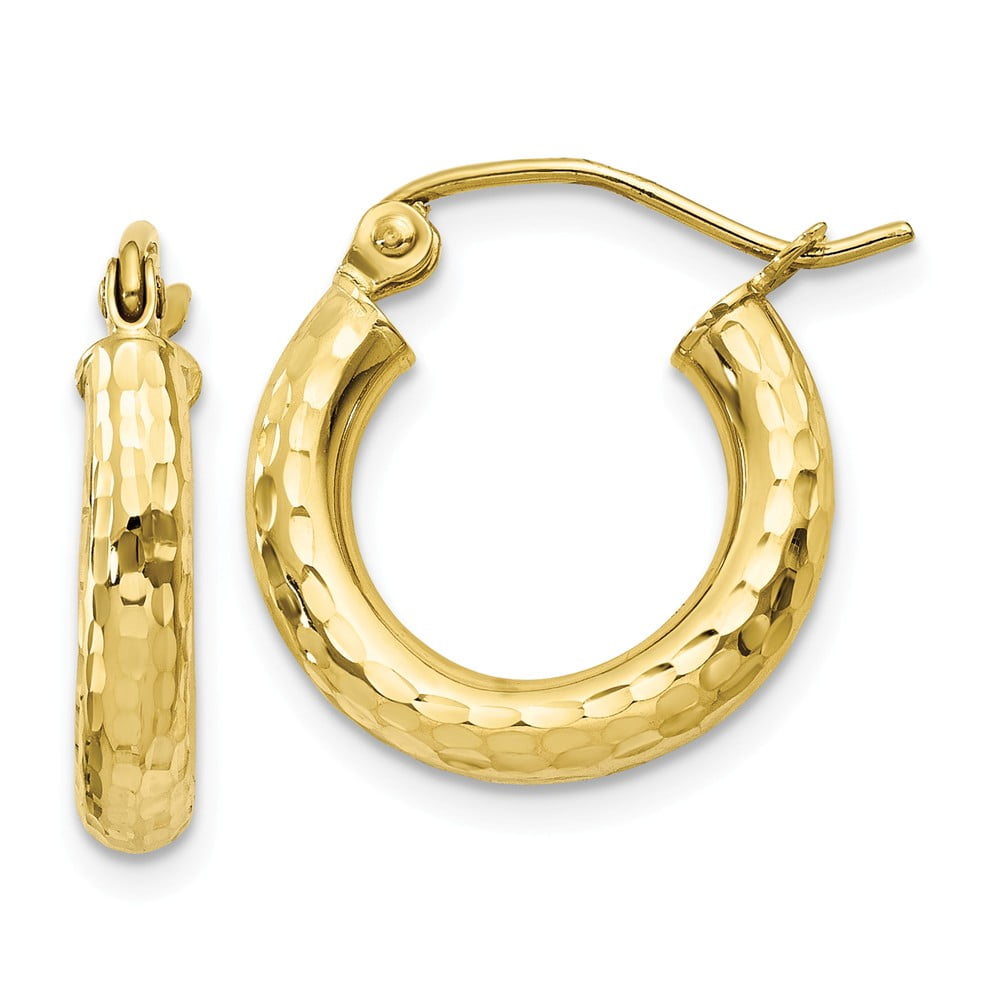Solid 10k Yellow Gold Diamond-Cut 3mm Round Hoop Earrings