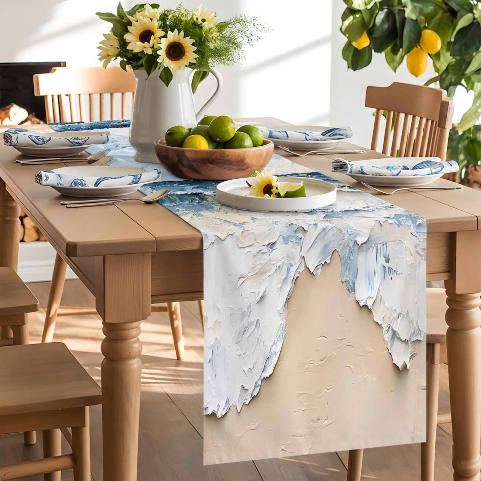 Blue White Coastal Beach Waves Table Runner 90 Inches Long, Abstract Art Table Runners Tabletop Scarf Kitchen Dining Tables Decoration for Home Party Indoor Outdoor