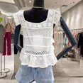 thumbnail image 3 of Summer New Design Sense Square Collar Ruffled Knitted Vest Women‘s White Embroidery Care Machine Hollow Shirt, 3 of 6