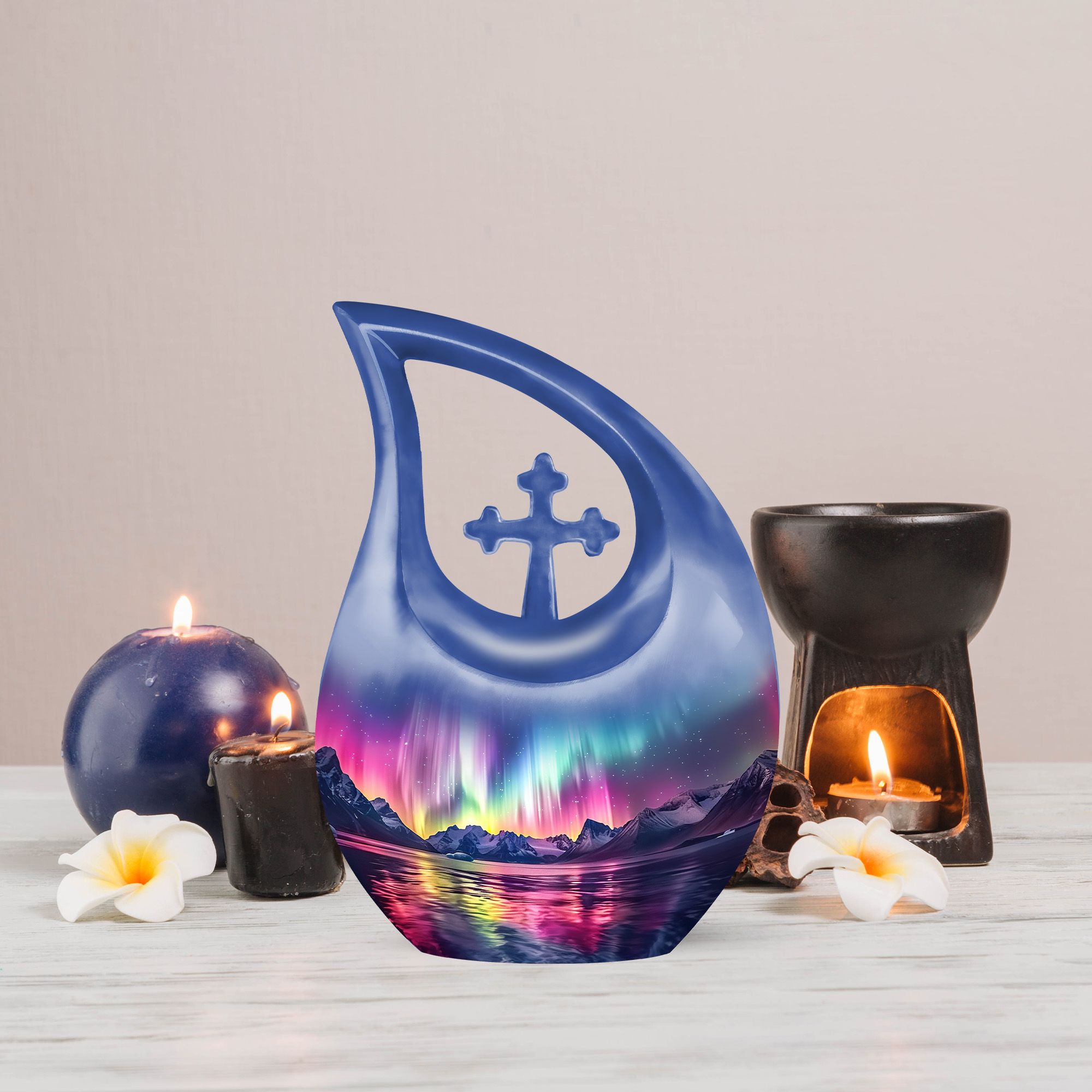 MUKTIVE Aurora Borealis Cremation Urns for Human Ashes Adult Female - Large Purple Memorial Urns for Adult Male - Northern Light Cross Drop Funeral Urn - Burial Urn for Human Ashes - 10 Inch
