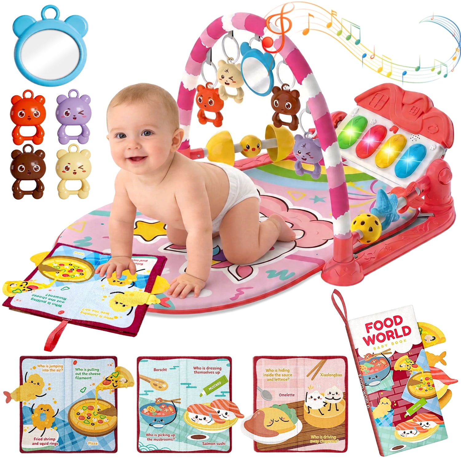 Caunedy Baby Play Mat Gym,Funny Play Piano Tummy Time Activity Mat with 5 Infant Sensory Toys,Music,Boy & Girl Gifts for Newborns 0-12 Months