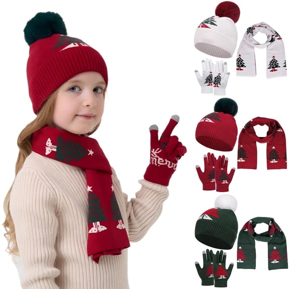 ShomPort Kids Toddler Boys Girls Winter Hat Scarf Gloves 3-Piece Cold Weather Set Xmas Beanies Set