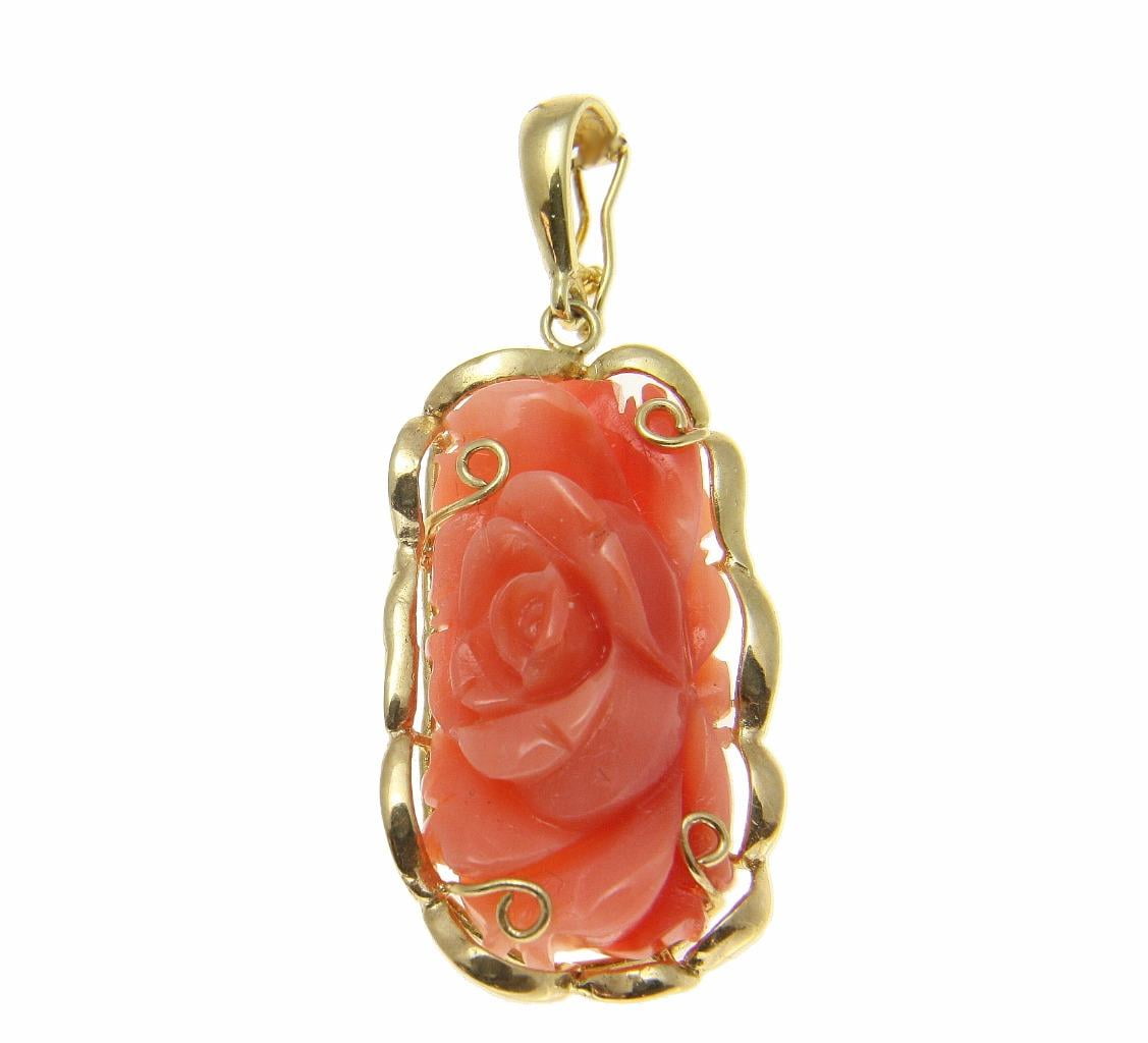 Genuine natural pink coral carved flower pendant enhancer solid 14k yellow gold by